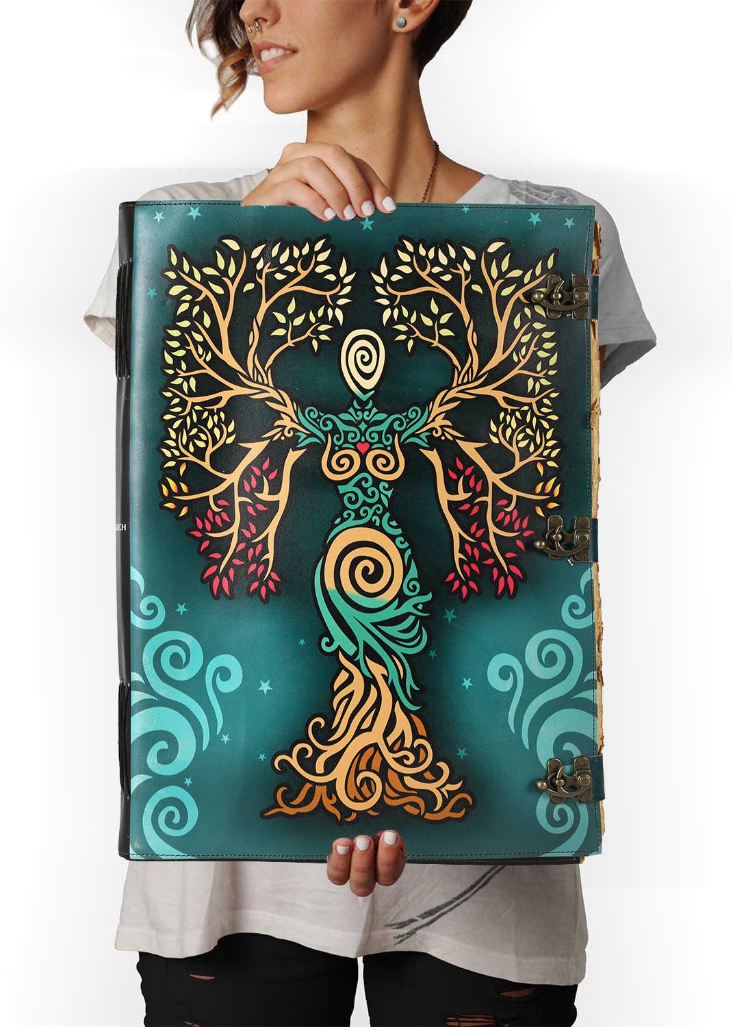 Tuzech Leather - Book of Spell LeatherBound Huge Journal Grimoire Print Diary: 22 Inches / Lady Green