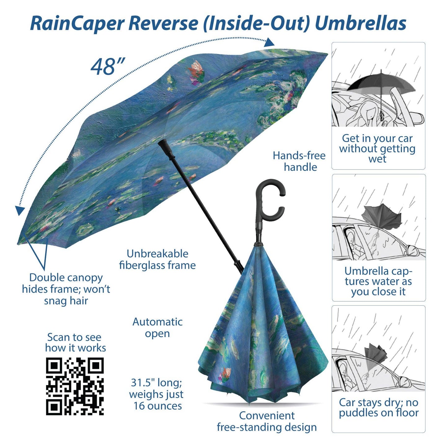 RainCaper - Monet Water Lilies Reverse Inverted Umbrella – Hands-Free, Windproof Design