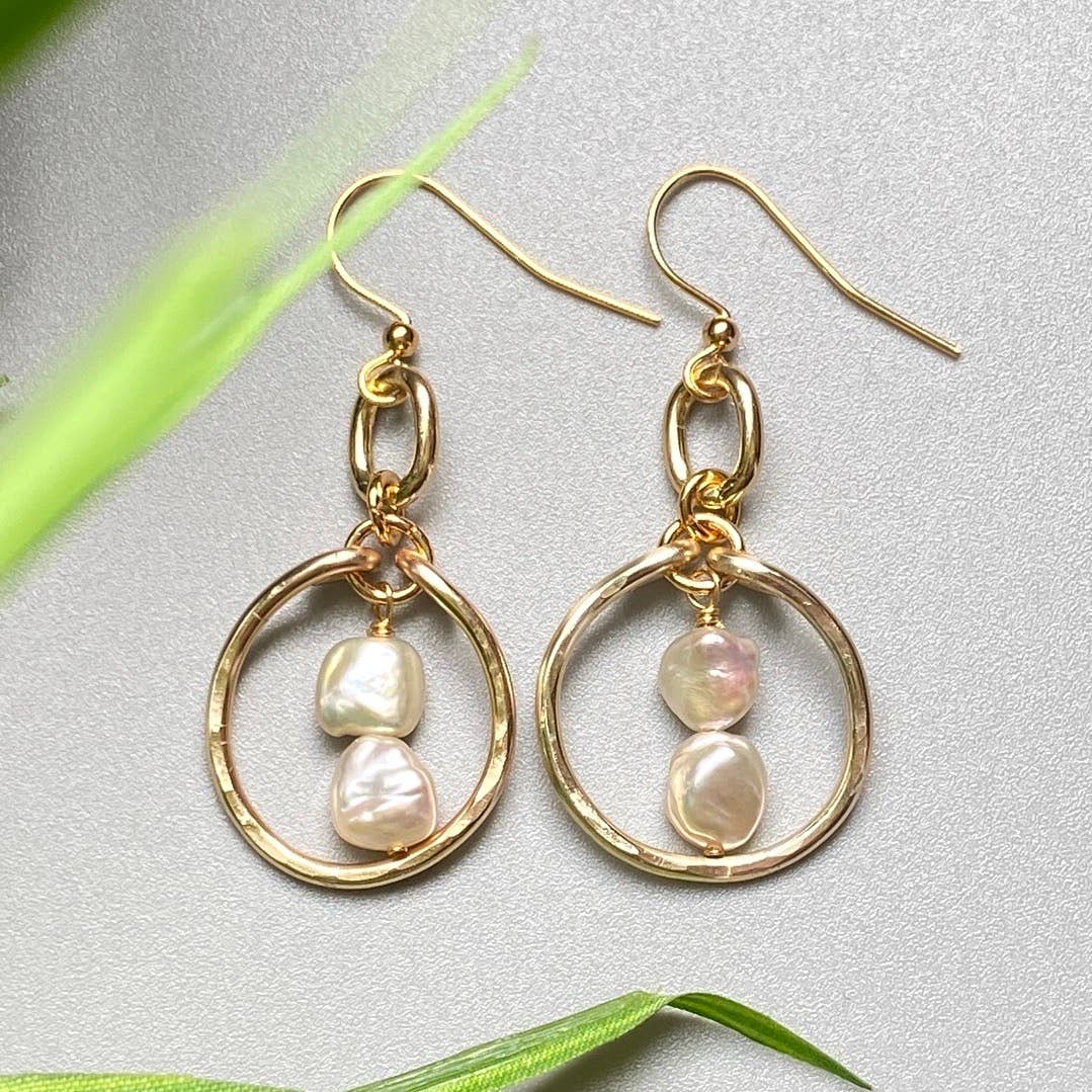 Marble Designs Jewelry - Gold Hoop Earrings Hammered Fresh 
Water Pearls Dangle Drop: Gold