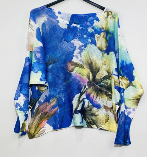 LOOWIE - 501 Royal Blue Floral Round Knit Printed Sweater LOOWIE