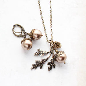 A Pocket of Posies - Brown Acorn Necklace -  - ANTIQUED BRASS: 3. Ivory Cream / 18 inches