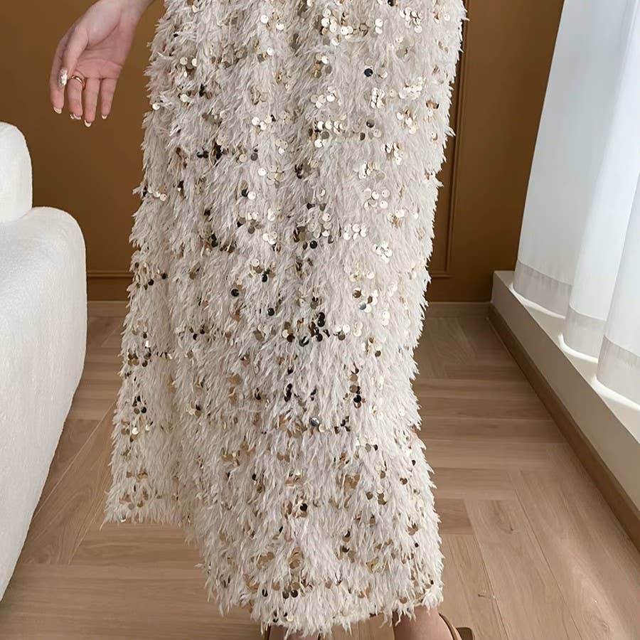 PEACH ACCESSORIES - Sequins Fringe Midi Skirt SK1199: Black