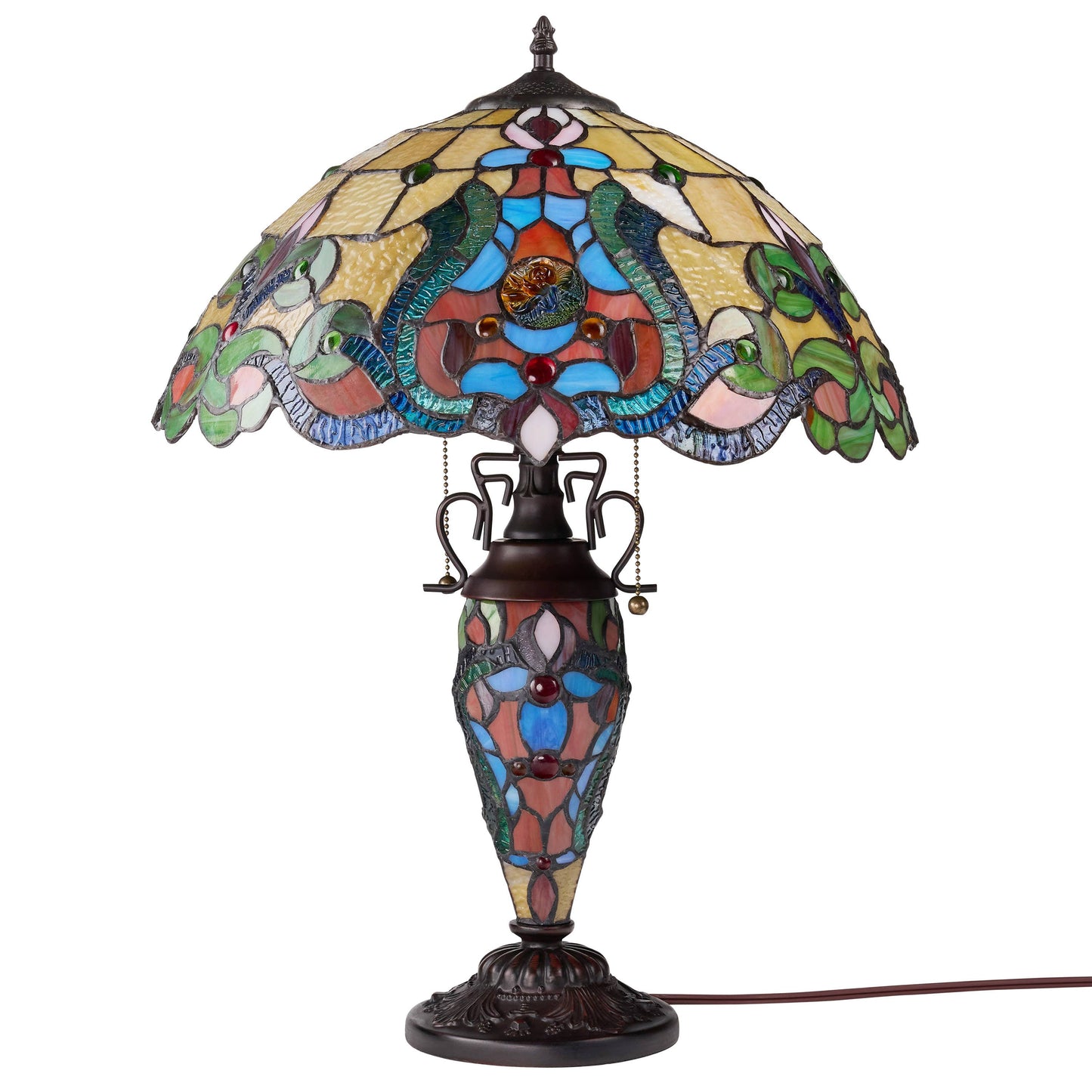 River of Goods - 24"H Double Lit Amber Tiffany Style Stained Glass Table Lamp