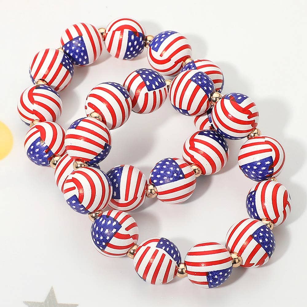 Sensibling Corp. - 2PCS - USA Flag Printed Beaded Stretch Bracelet