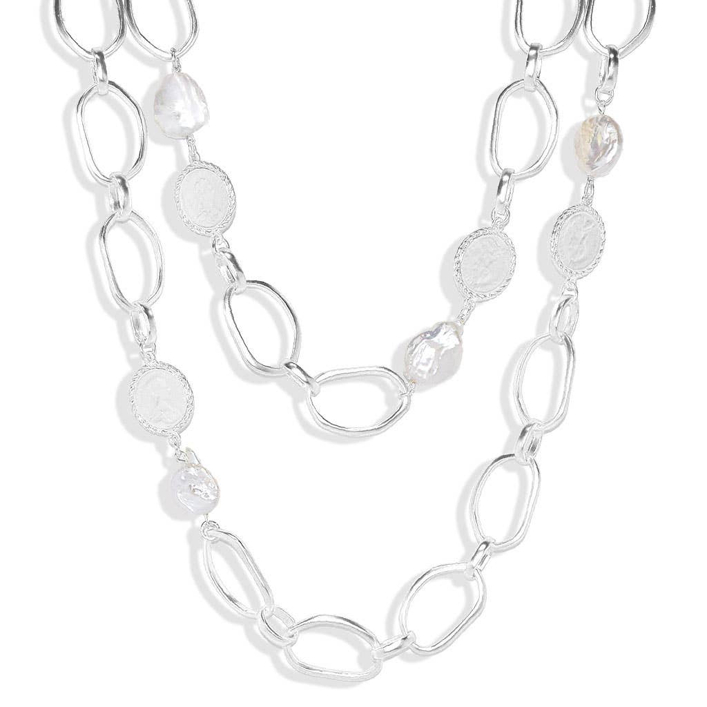 KARINE SULTAN - Irregular links, coins, and large flat pearls layered neckla: Silver