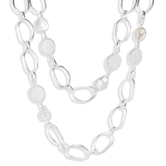 KARINE SULTAN - Irregular links, coins, and large flat pearls layered neckla: Silver
