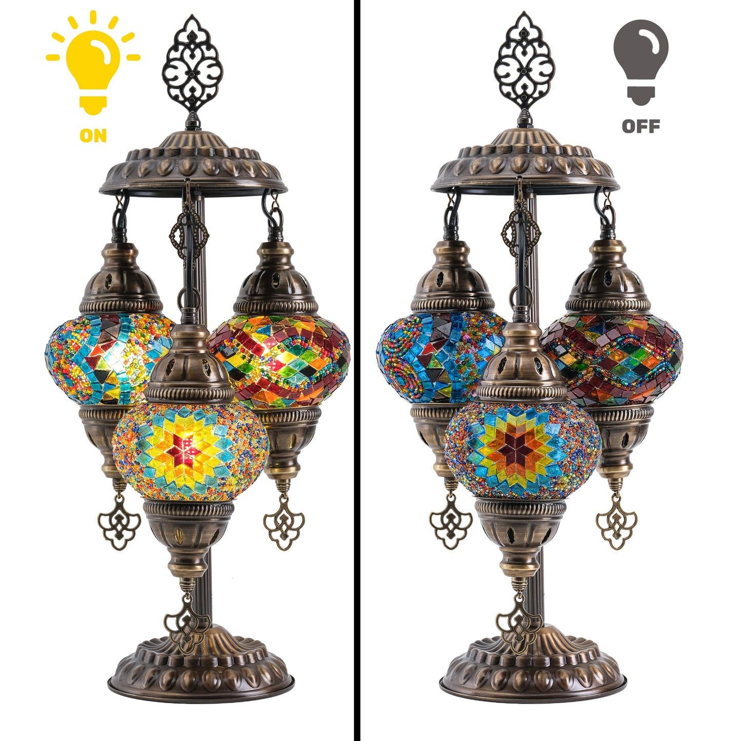 Mozaist LLC - 3-Globe Turkish Mosaic Table Lamp (Rainbow)