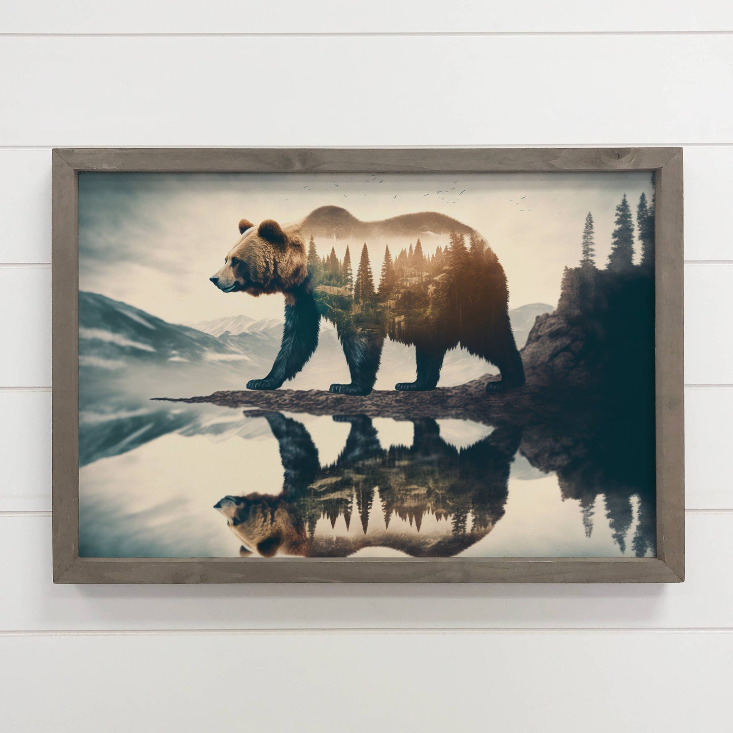 Hangout Home - Bear Double Exposure - Cabin Wall Art - Wood Framed Photo: 24x36" Extra Large Canvas Art with Thick Wood Frame
