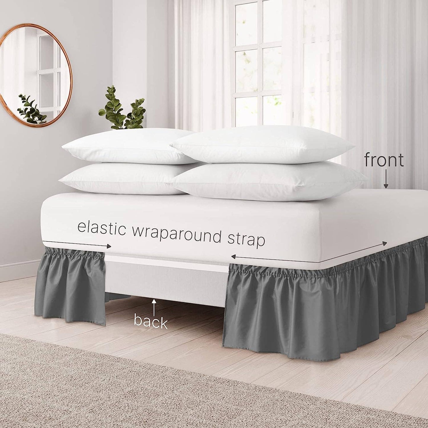 CGK Unlimited - Elastic Wrap-Around Dust Ruffled Bed Skirt- Pleated 15" Drop: White / Queen