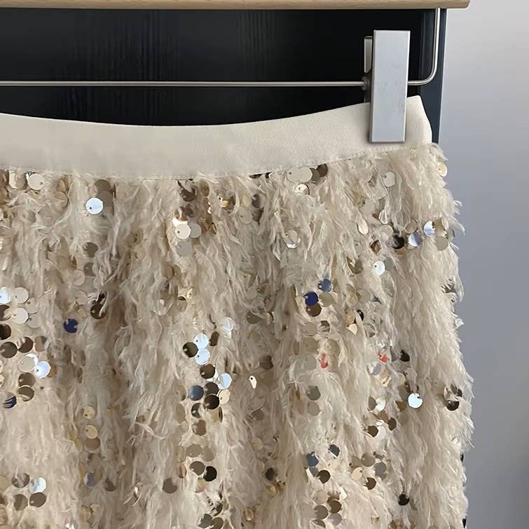 PEACH ACCESSORIES - Sequins Fringe Midi Skirt SK1199: Black