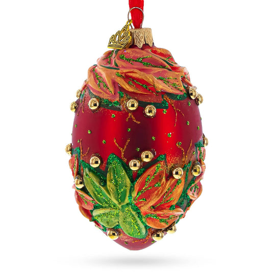 BestPysanky - Red and Green Leaves on Red Glass Egg Ornament