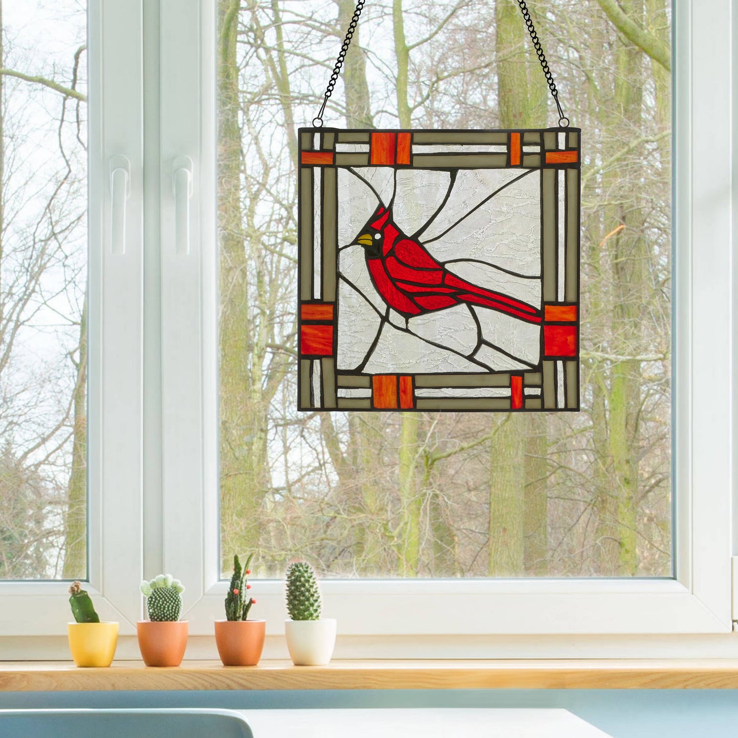 River of Goods - 11"H Clara the Cardinal Red Stained Glass Window Panel