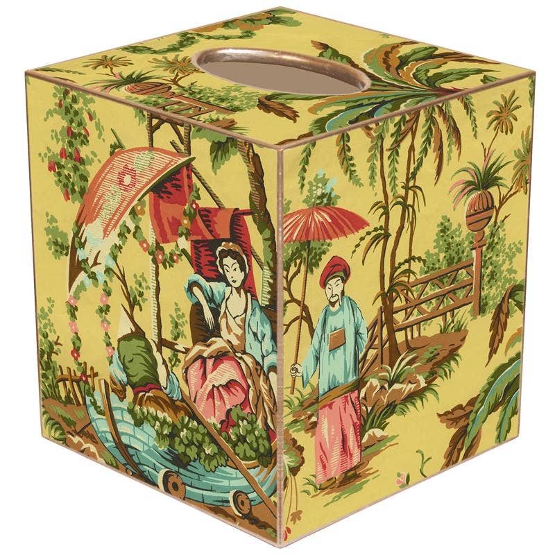 Marye-Kelley - Yellow Chinois Tissue Box Cover: Paper Mache