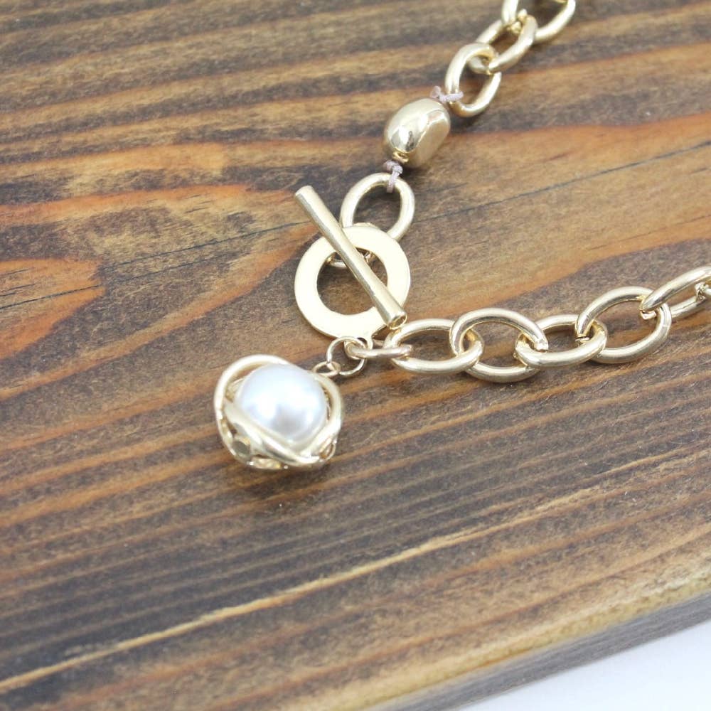 Pretty Persuasions - N20116 Pearl Ball Chain Link Collar Toggle Necklace: 01 GD