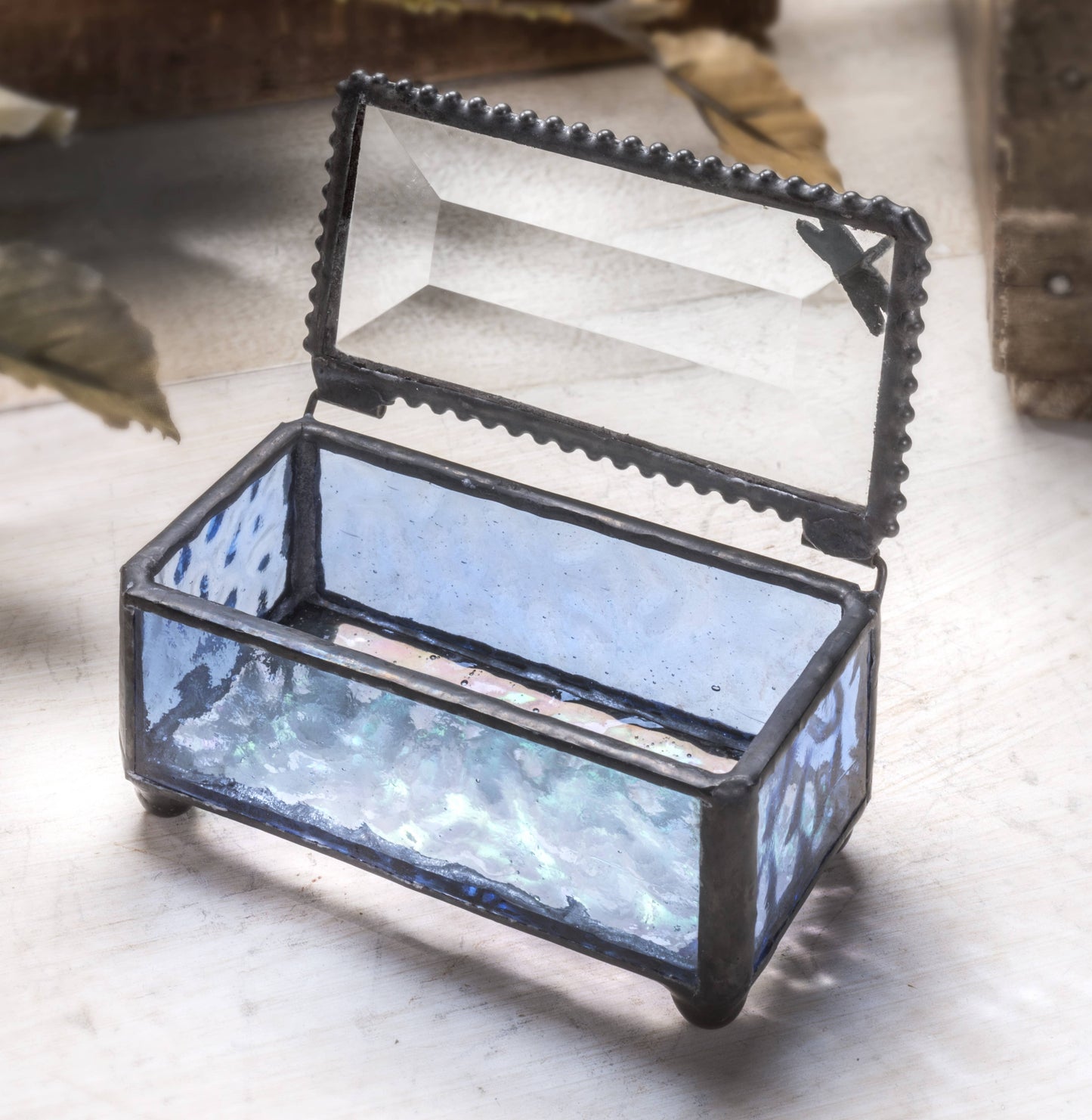 J Devlin Glass Art & Bert Anderson Collection - Blue Glass Box with Dragonfly Filigree - Box 923