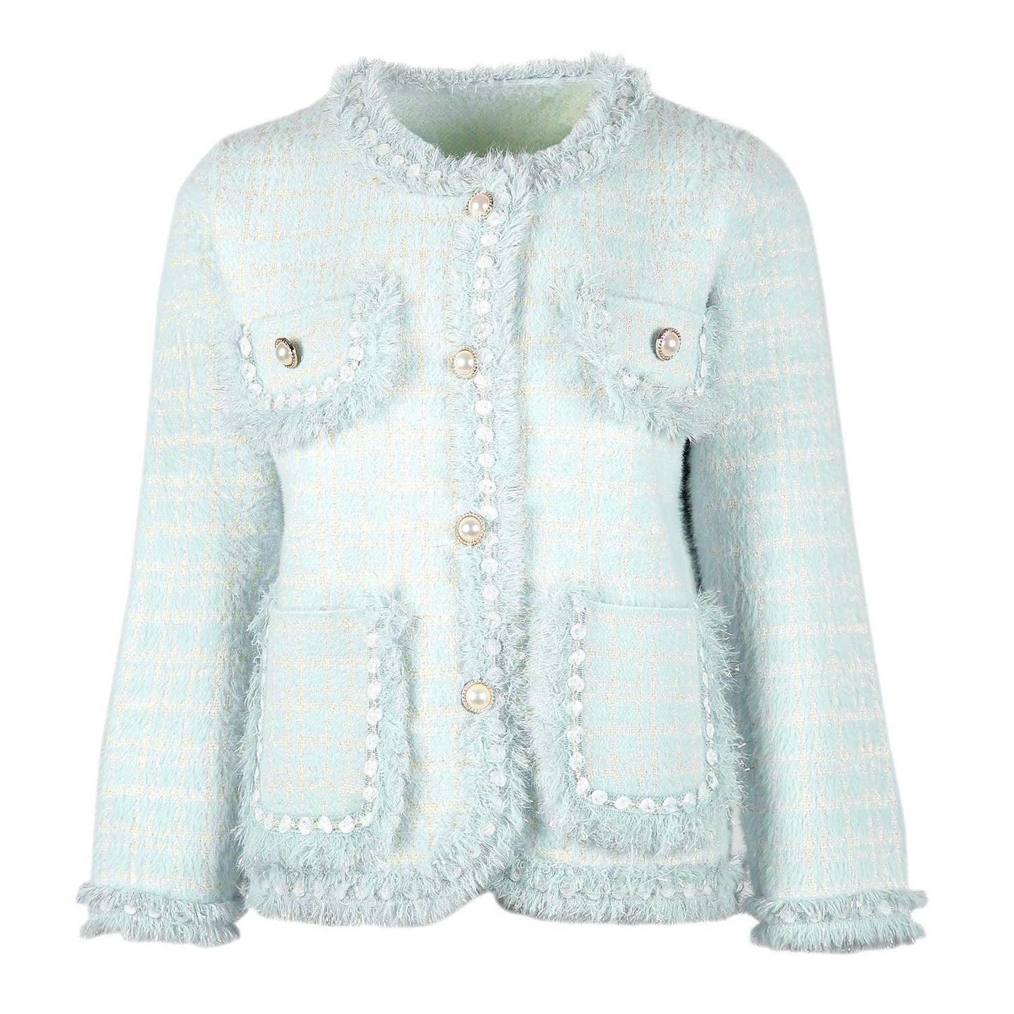 PEACH ACCESSORIES -  Fringed Hem and Cuffs Cardigan with Pearly Buttons SD187: Black