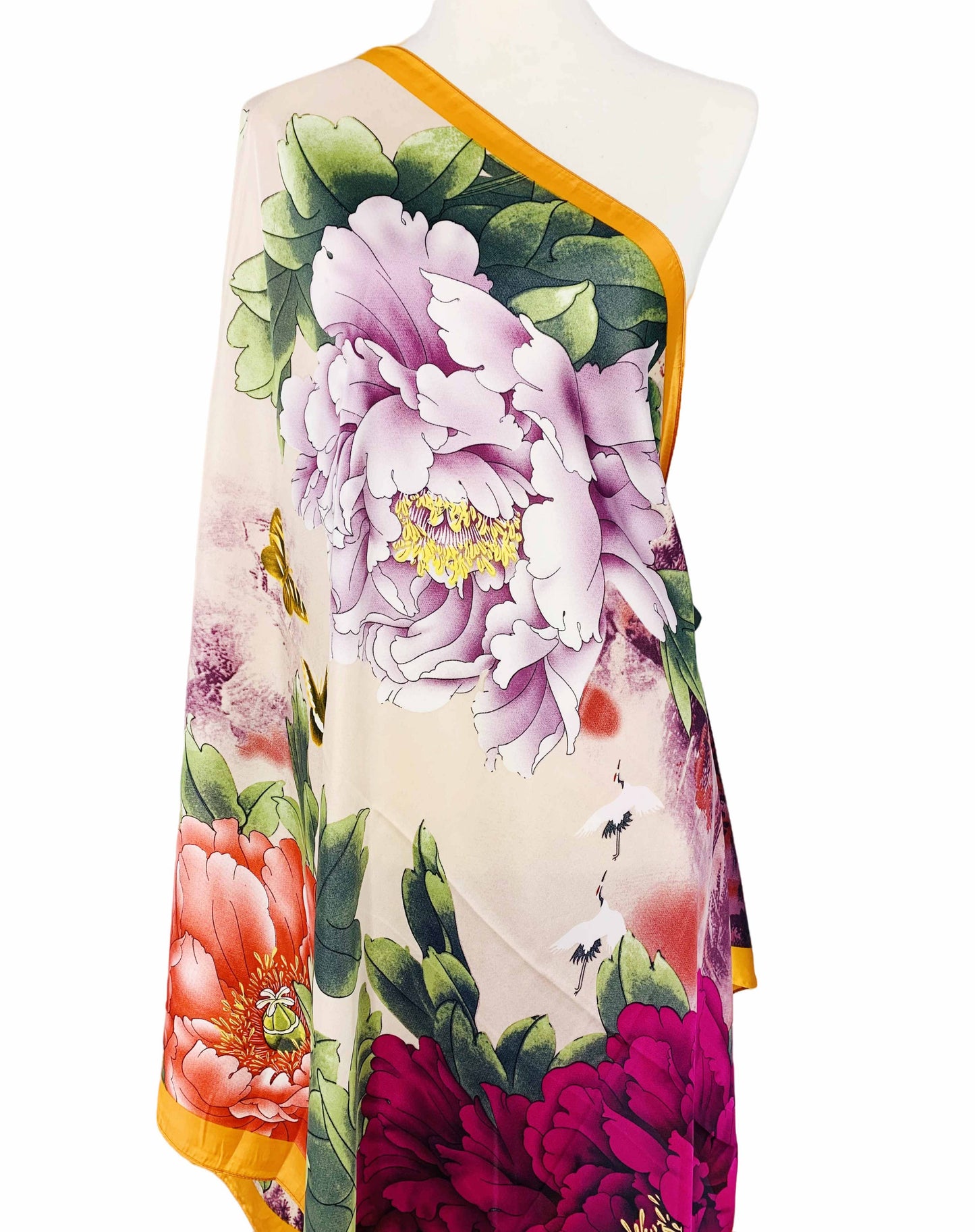 JC Sunny Fashion - JC023324 Silk-Feeling Purple-Multi Peony & Crane Scarf