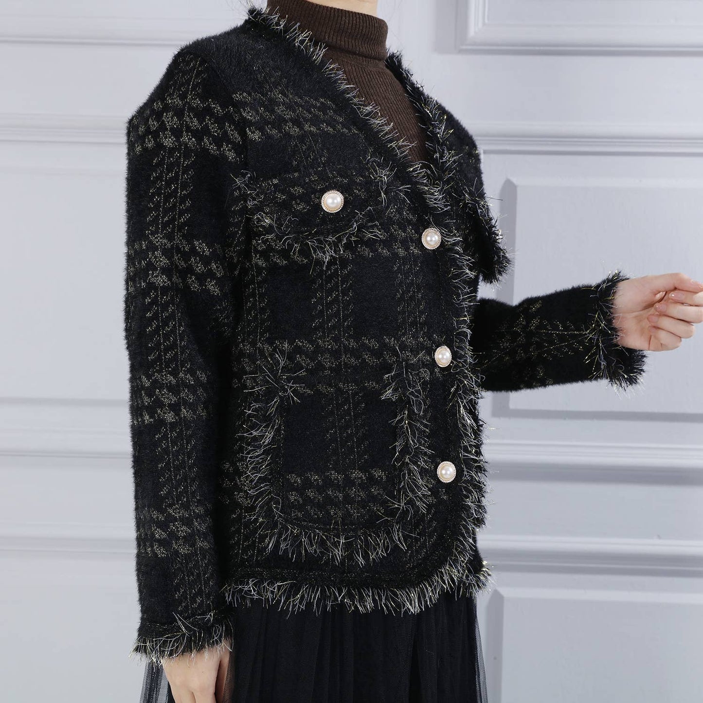 PEACH ACCESSORIES - SD190 Soft cardigan with Shinny Silver details: Black