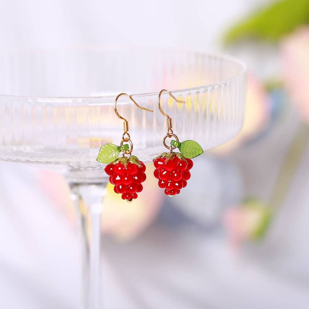 Haengseongworkshop - 18K Gold Plated S925  Lamp-work Raspberry Bead Dangle Earrings: Dangle