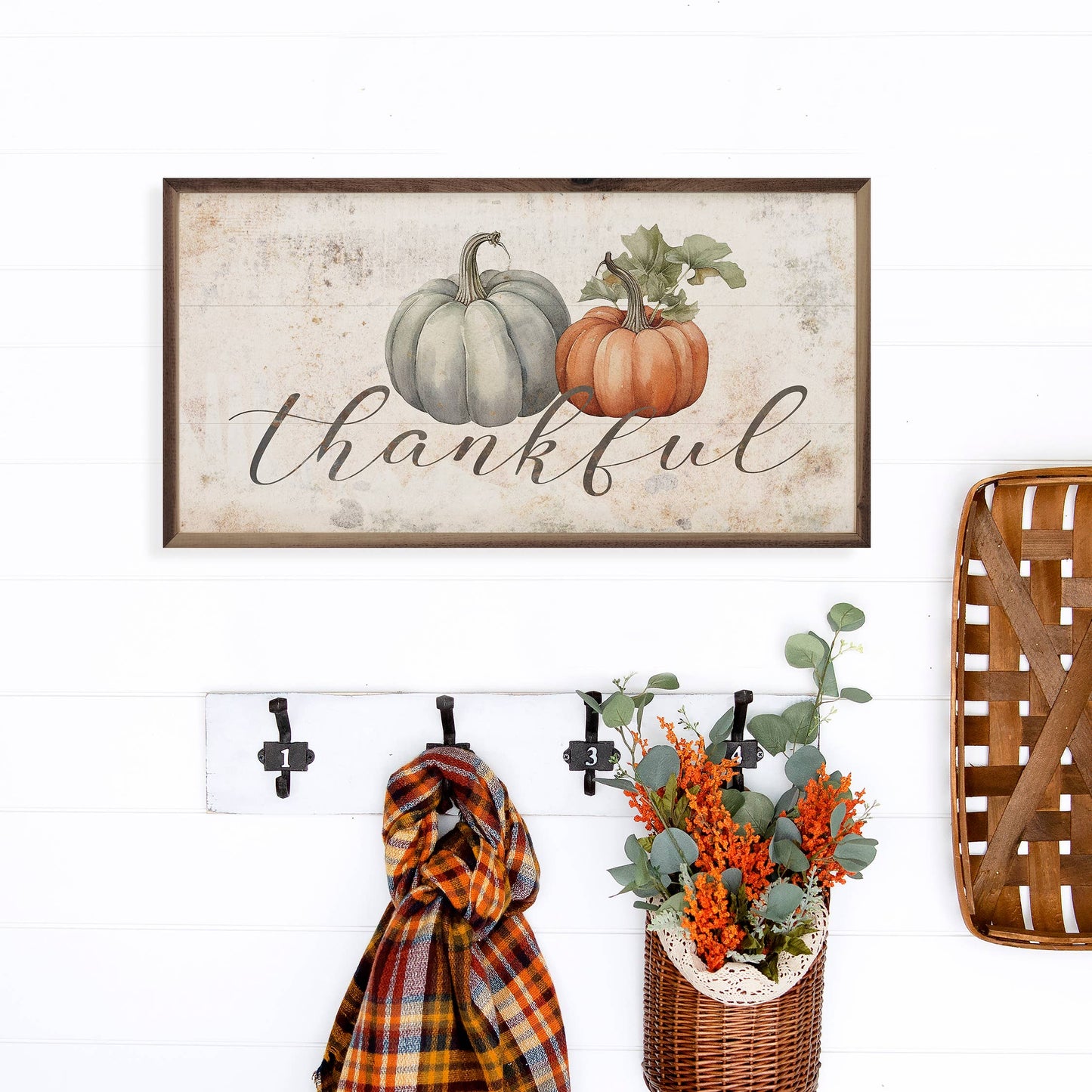 Kendrick Home - Thankful Two Pumpkins Whitewash: 24 x 12