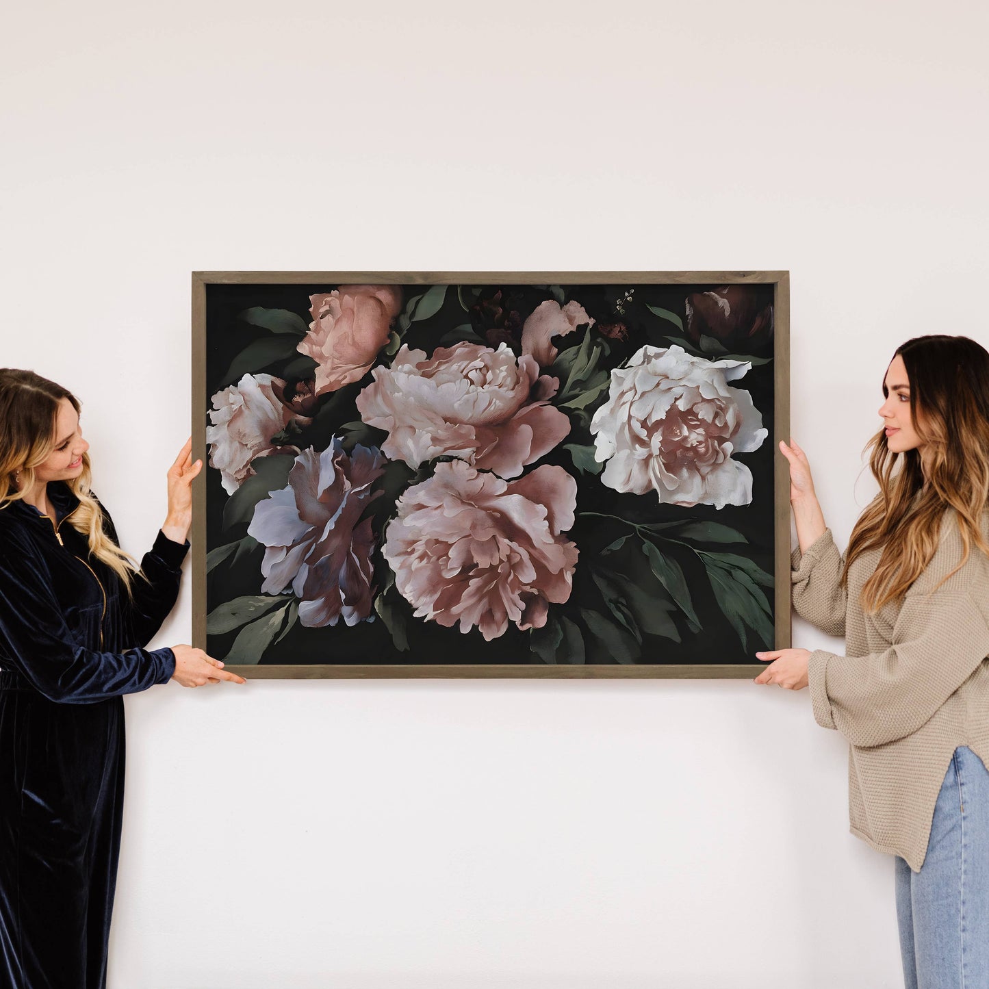 Hangout Home - Peonies Dark Still Painting - Framed Canvas Wall Art Print: 24x36" Extra Large Canvas Art with Thick Wood Frame