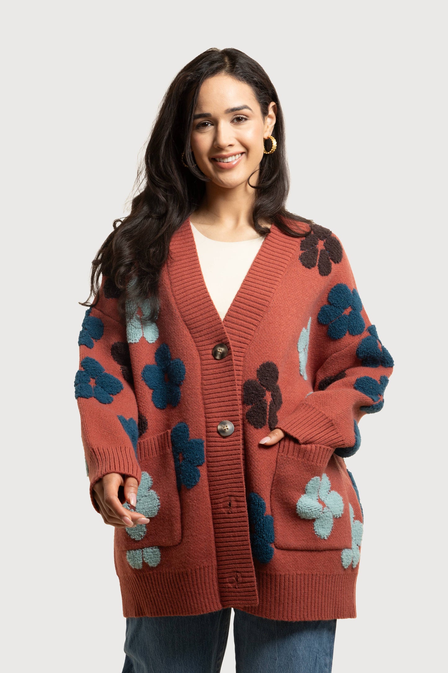 SAACHI - Autumn Floral Knit Cardigan: Beige