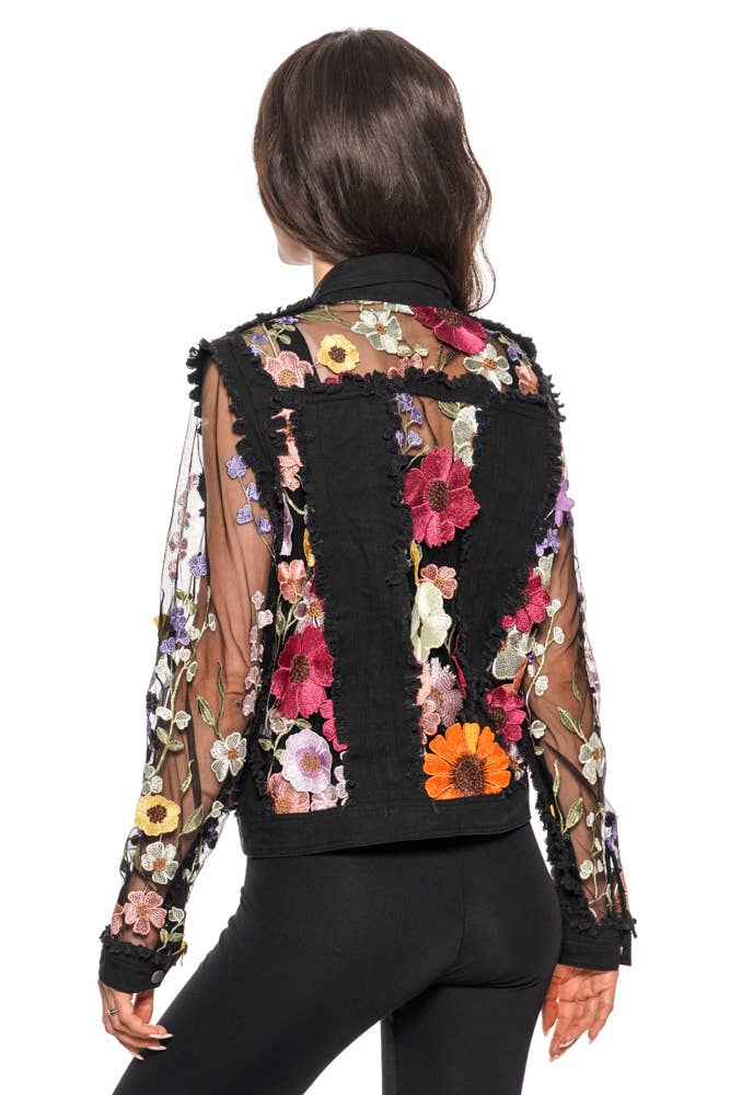 Adore - 2406B Black Denim Lace Jacket with Floral Embroidery: Black / S