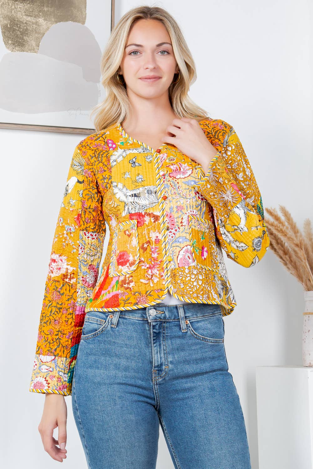 LA Soul - Floral Print Quilted Patch Cotton Jacket - Yellow: XL