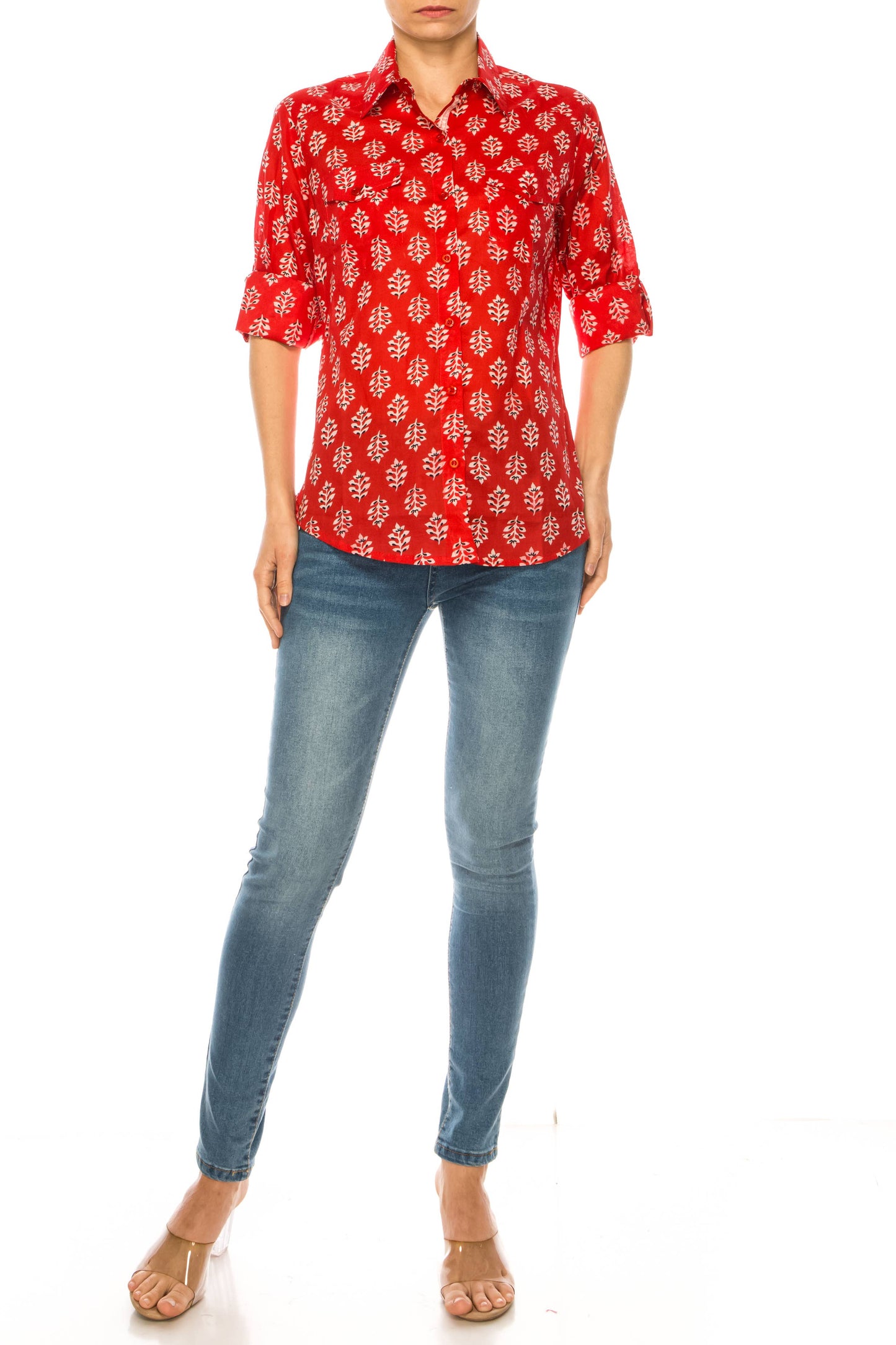 Magazine Clothing - Red Floral Button Down Shirt: Small