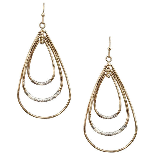 What's Hot - Worn Gold with Silver Wire Accents Teardrop 1.75" Earring