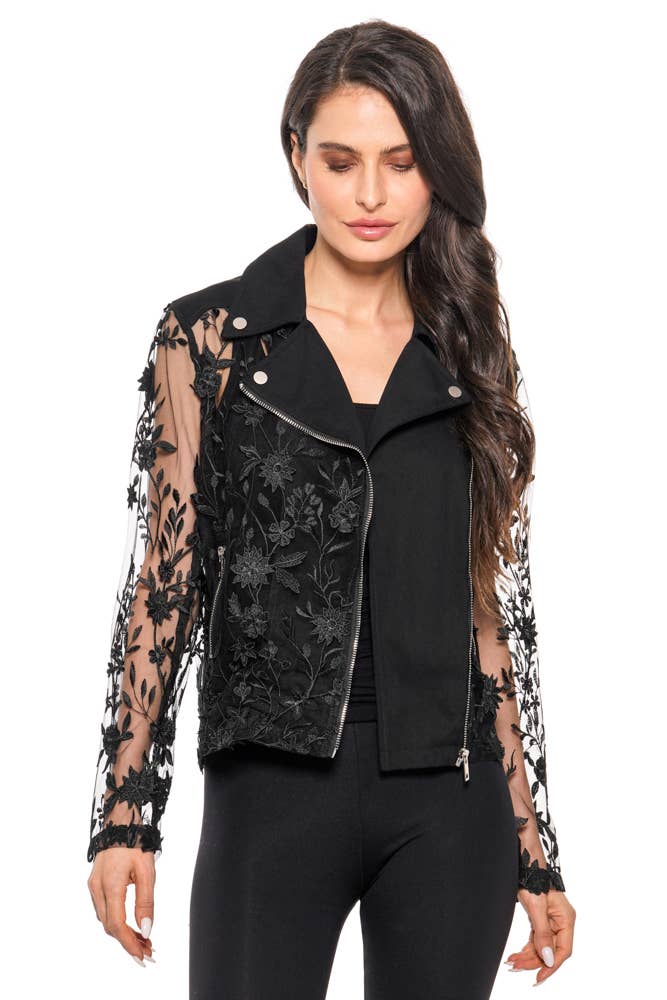 Adore - BS2520 - Floral Embroidered Mesh Moto Jacket –Black Elegance: XL