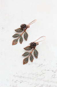 A Pocket of Posies - Branch and Pine Cone Earrings -Blush Mint Copper Patina
