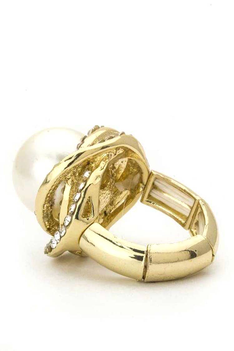 Artini Accessories - Pearl & Crystals Stretch Ring: Silver