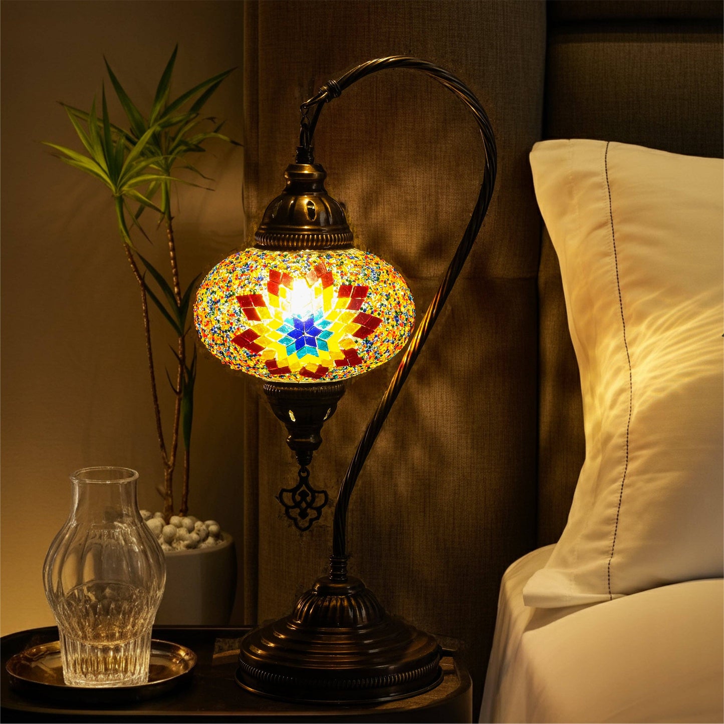 Mozaist LLC - Mozaist Handmade Turkish Mosaic Swan Table Lamp Fire Design