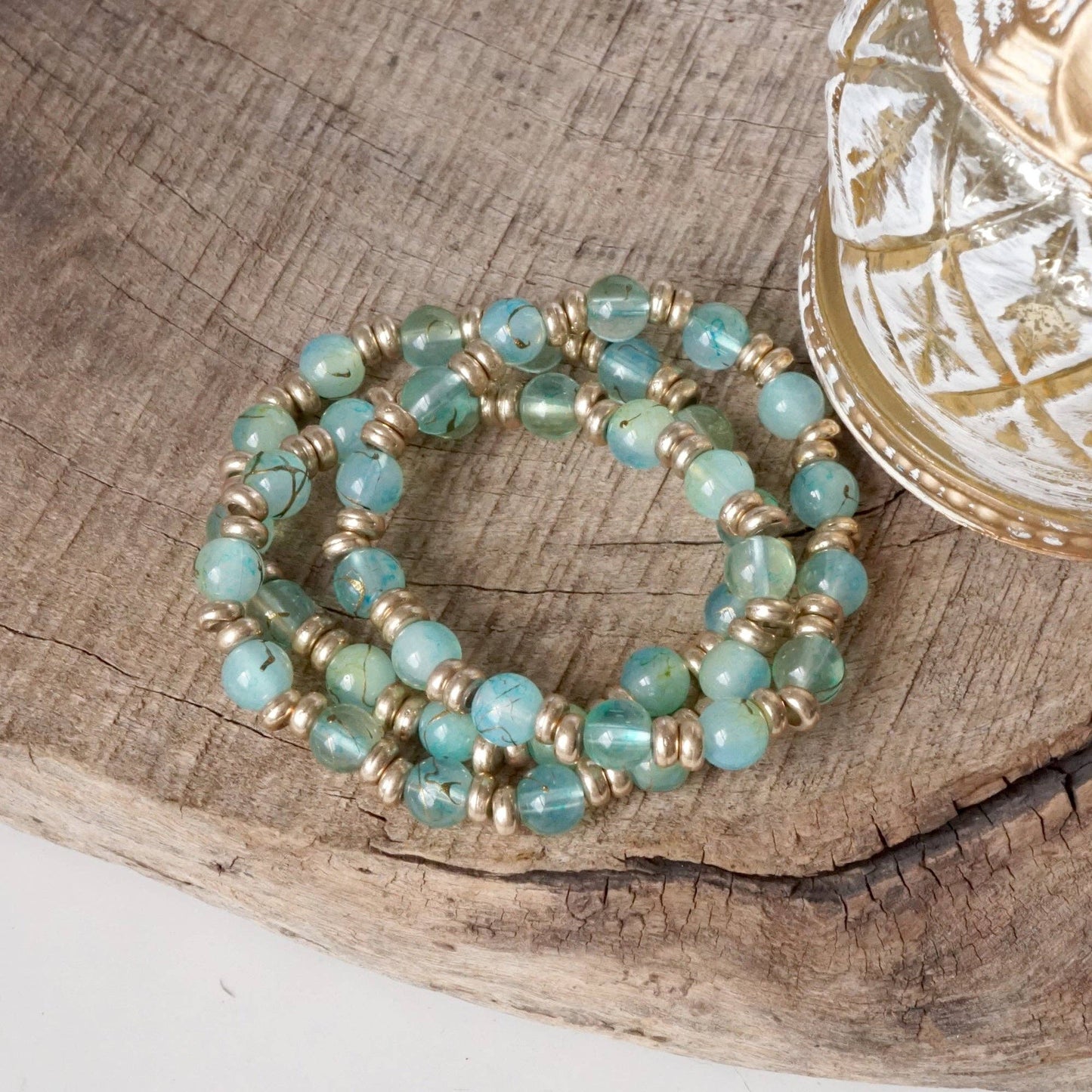 PennyLine inc - Glass Beaded Bracelet Stack with Worn Gold Accents – Green, Cream, or Gray: Gray