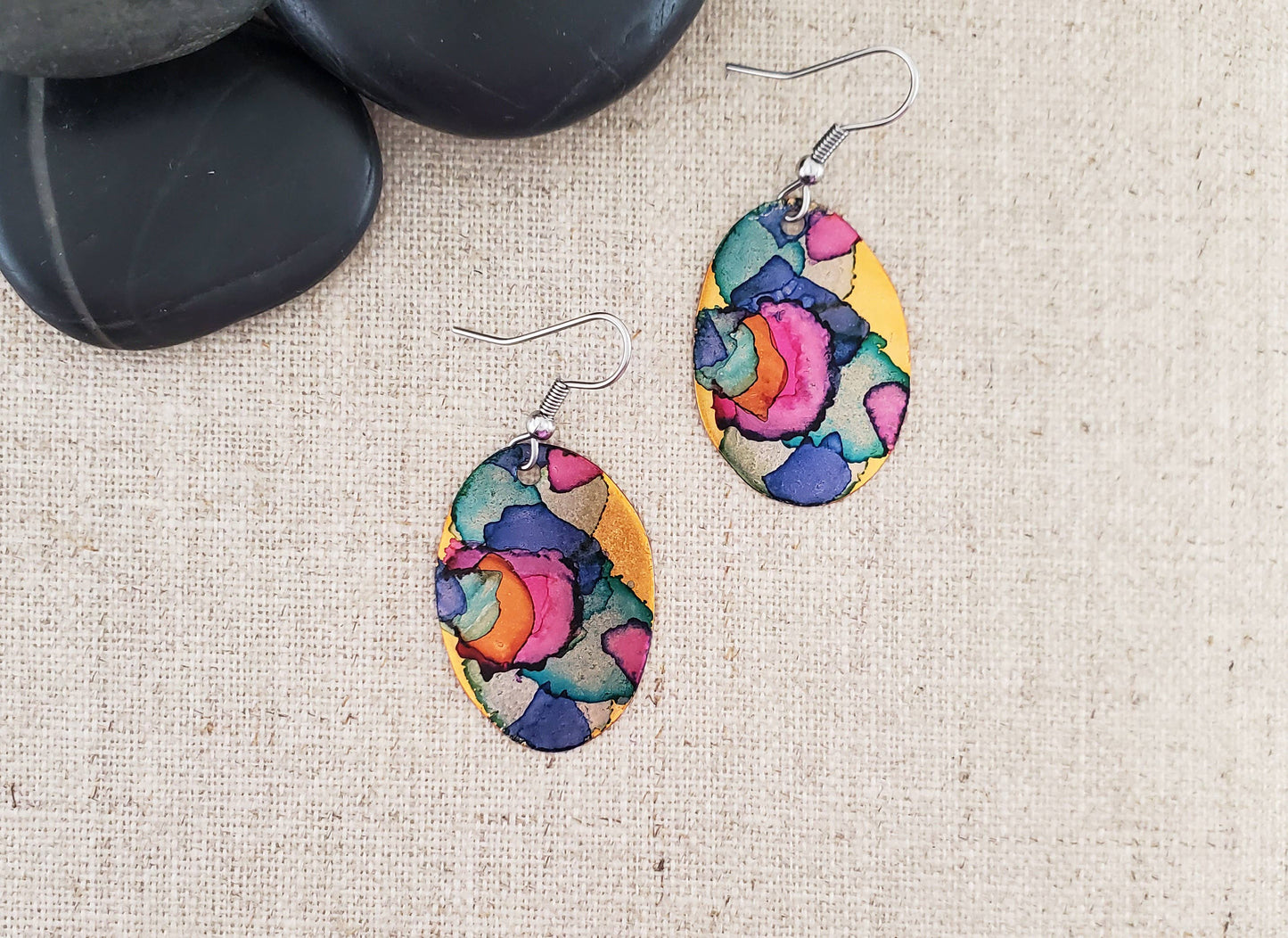 Covaly Artisan Jewelry - Alcohol Ink Small Oval Earrings: Pinks