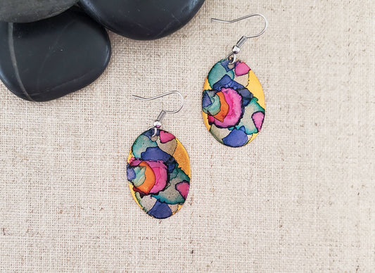 Covaly Artisan Jewelry - Alcohol Ink Small Oval Earrings: Pinks