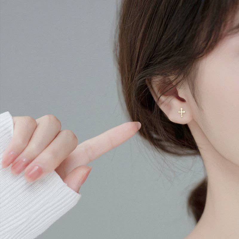 Perimade & Co. LLC - Simple Dainty Cross Stud Earrings in 925 Sterling Silver: Gold