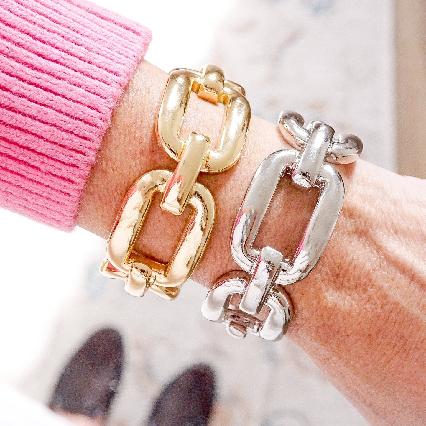 PennyLine inc - Chunky Chain Statement Stretchy Bangle Bracelet in gold or silver tone: Silver Tone