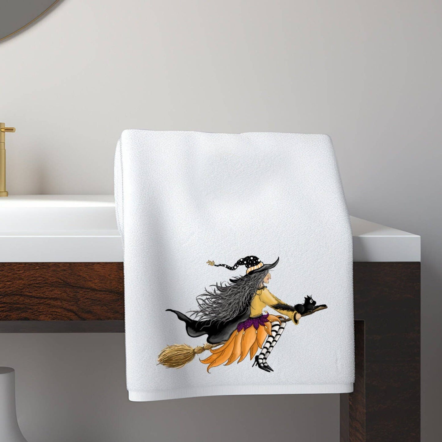 Fernville Creations - Halloween Witch & Broom Hand Tea Towel for Home Decor