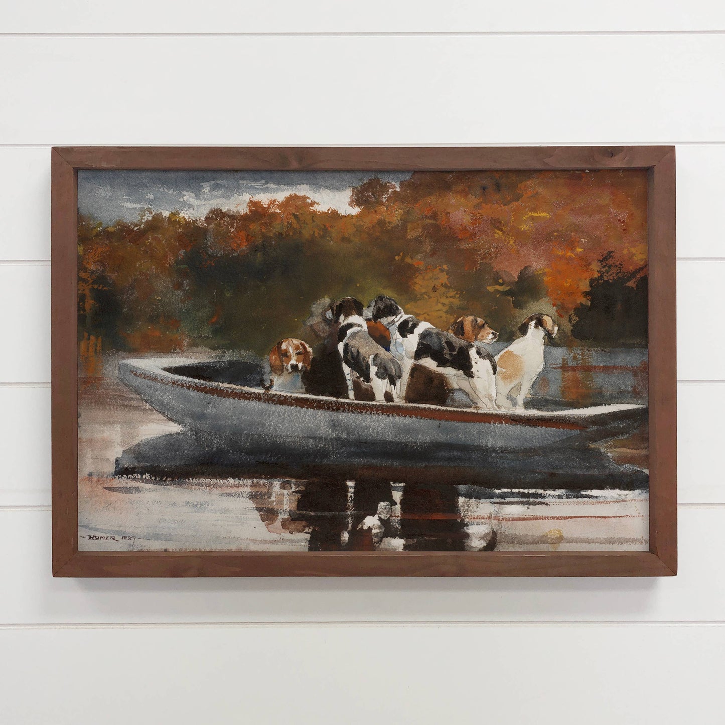 Hangout Home - Hunting Dogs on a Boat - Dog canvas Wall Art - Wood Framed: 24x36" Extra Large Canvas Art with Thick Wood Frame