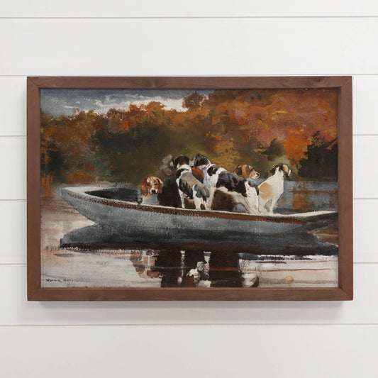 Hangout Home - Hunting Dogs on a Boat - Dog canvas Wall Art - Wood Framed: 24x36" Extra Large Canvas Art with Thick Wood Frame