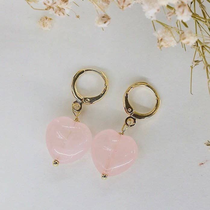 Haengseongworkshop - 18K Gold Plated 10/12mm Rose Quartz Heart Earrings: 12mm