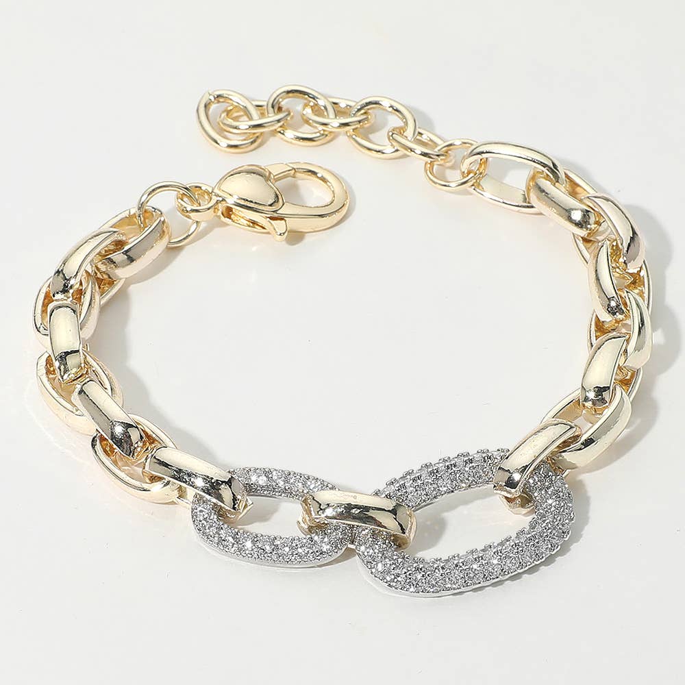 Sensibling Corp. - 14K Gold Plated CZ Stone Paved Double Oval Link Accent Link Chain Bracelet