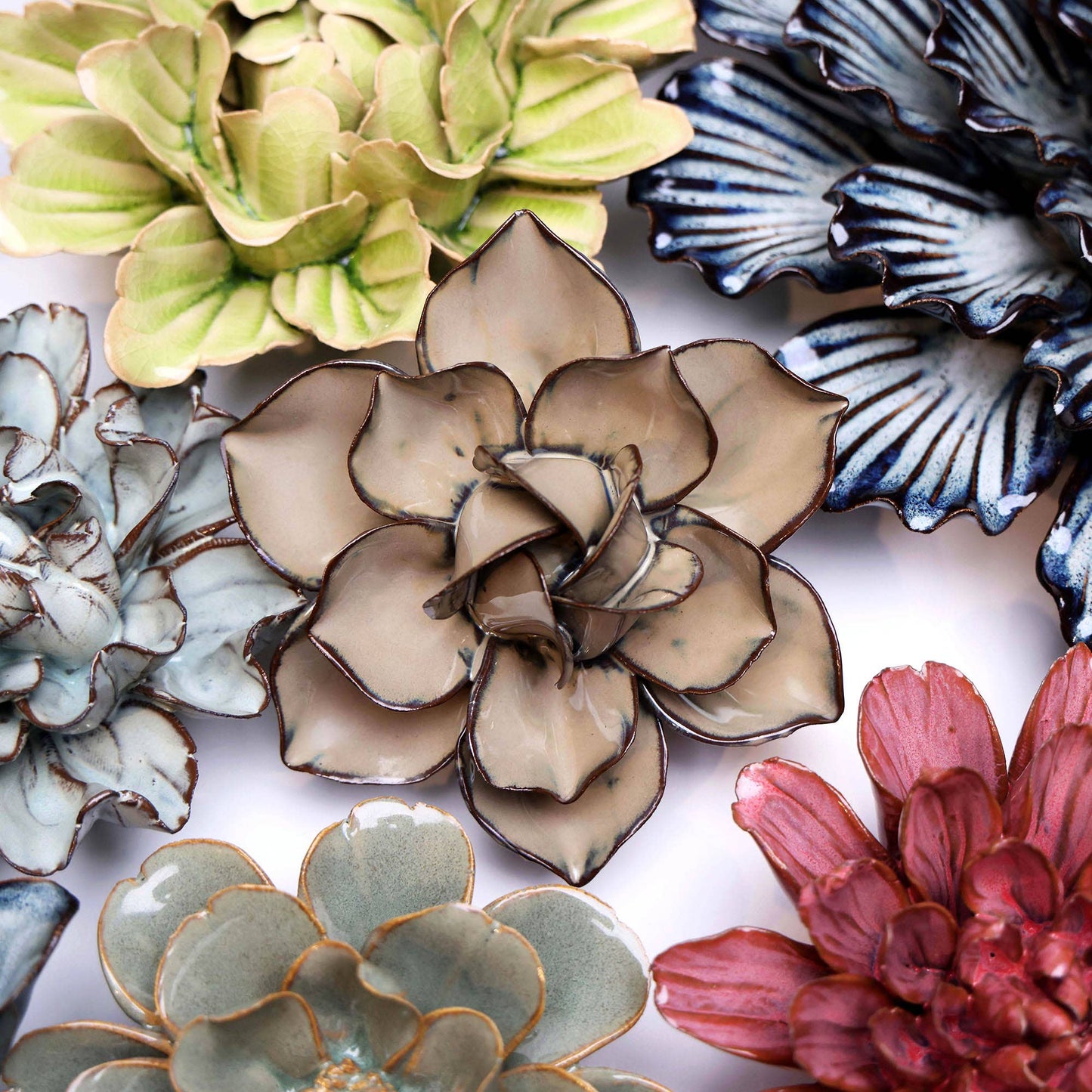 Chive - Japan Ceramic Flowers With Keyhole For Wall Hanging: Mint Chocolate Medium Flower