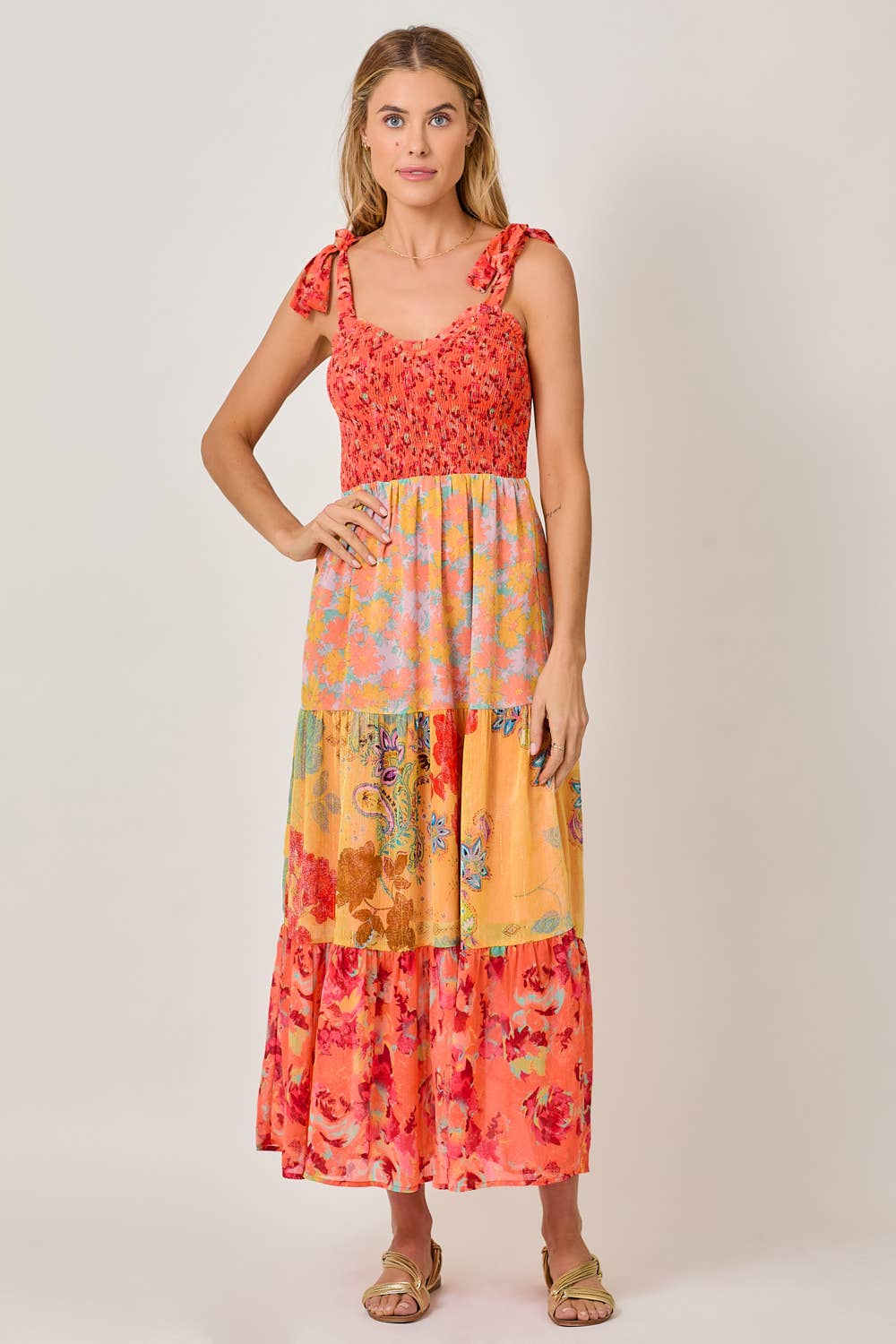 Mystree - 61078 Strap Tied Smocked Top Tiered Long Dress : Emerald Mix / Large