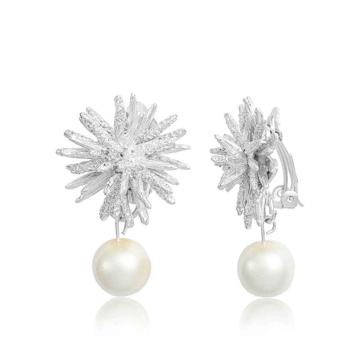 KARINE SULTAN - Starburst Clip-Ons Statement Earrings with Pearl Drop: Silver