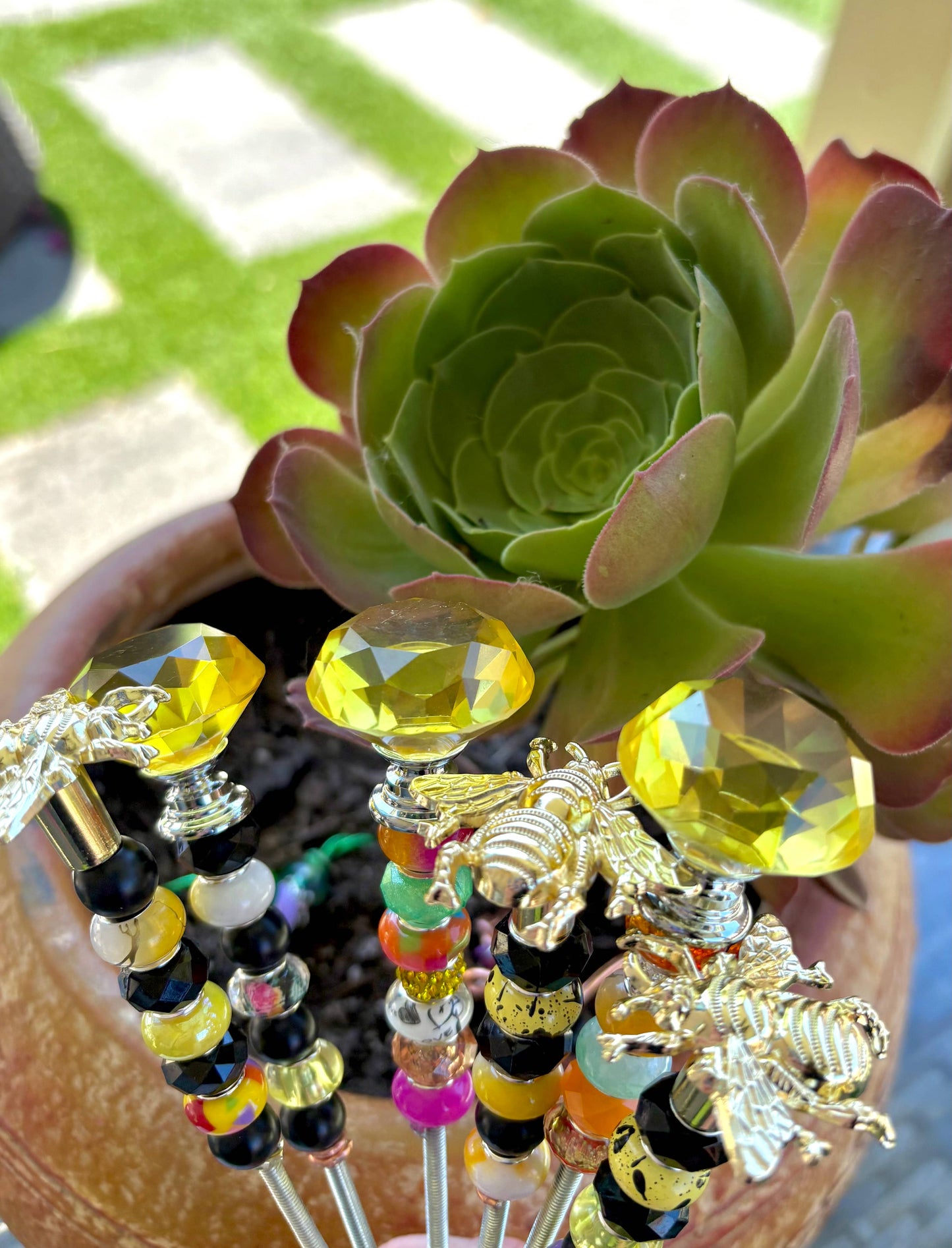 Sea of Bliss Shop - Fairy Garden Plant Stakes, Sun Catcher, Handcrafted: Pink / No Charm / 13 inch