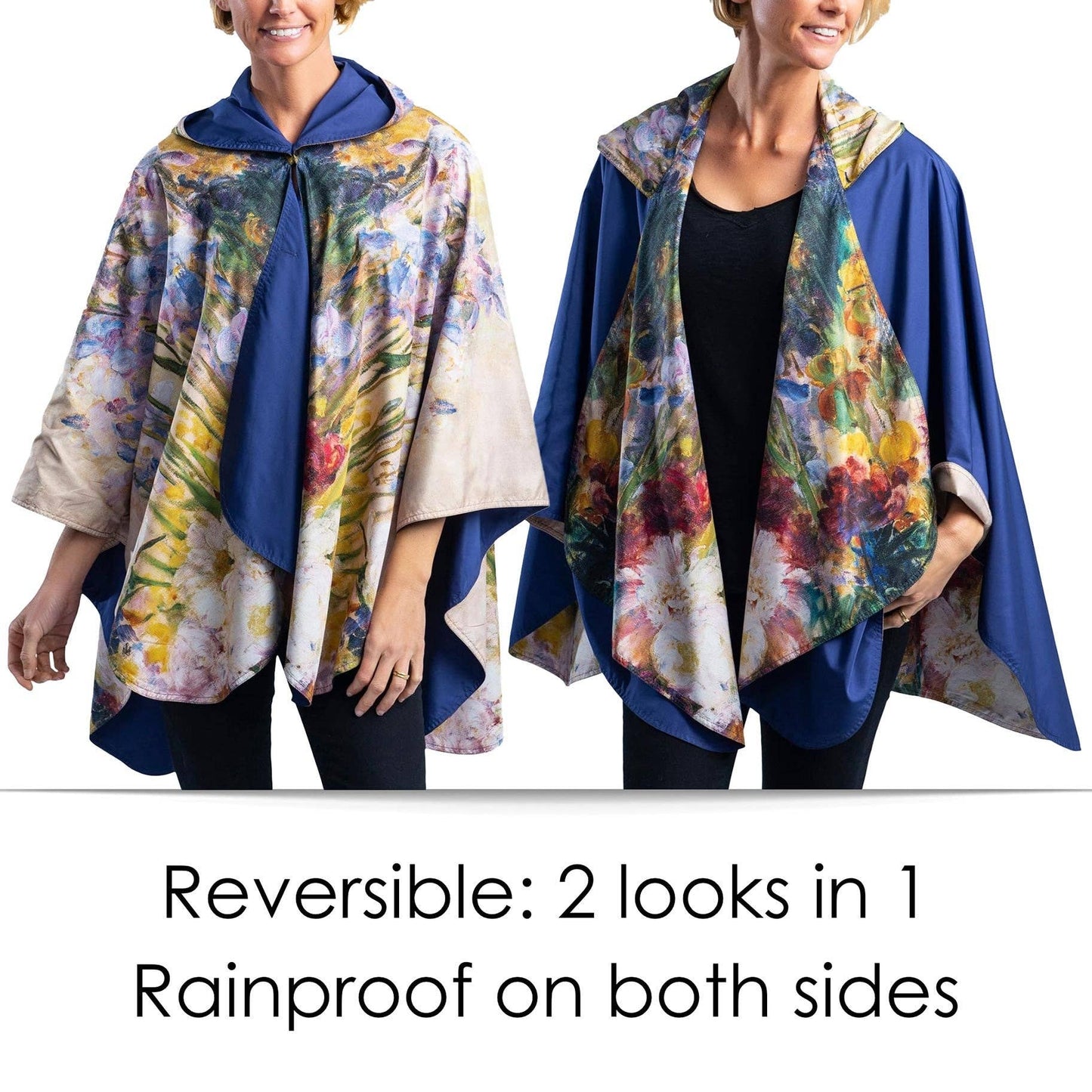 RainCaper - Tiffany Peonies & Iris Reversible Rain Cape – Lightweight Hooded Wrap for Women