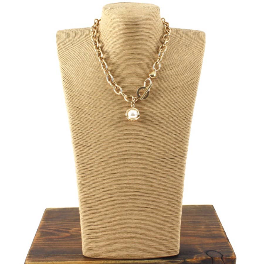 Pretty Persuasions - N20116 Pearl Ball Chain Link Collar Toggle Necklace: 01 GD